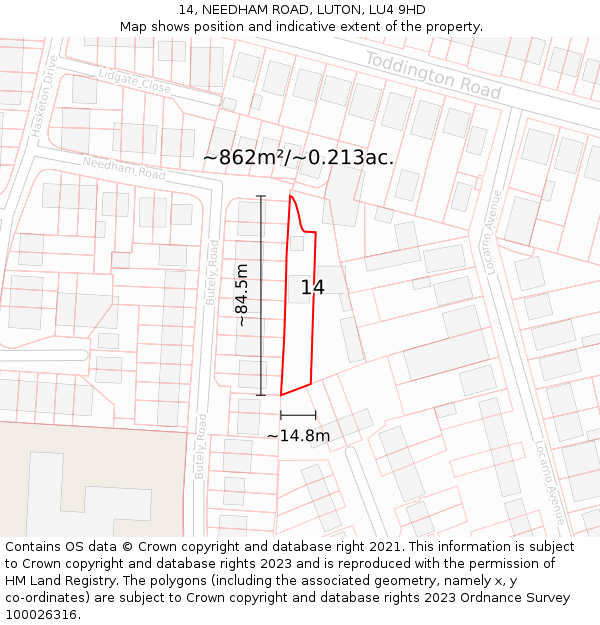 14, NEEDHAM ROAD, LUTON, LU4 9HD: Plot and title map