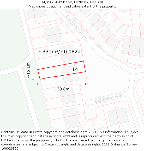 14, OAKLAND DRIVE, LEDBURY, HR8 2ER: Plot and title map