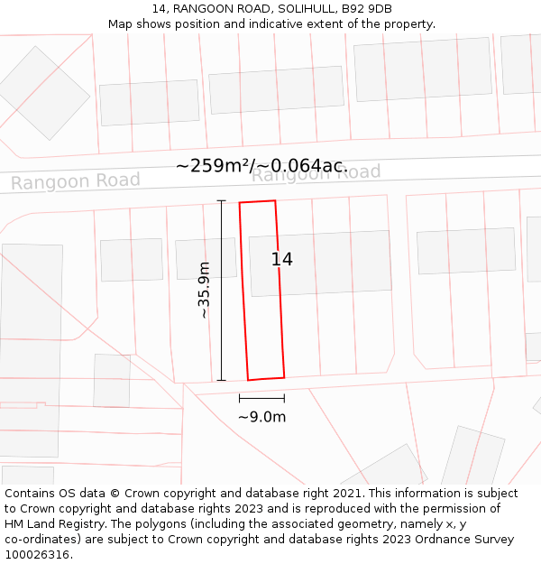14, RANGOON ROAD, SOLIHULL, B92 9DB: Plot and title map