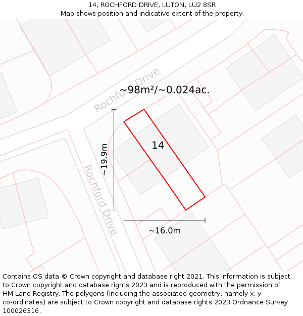14, ROCHFORD DRIVE, LUTON, LU2 8SR: Plot and title map