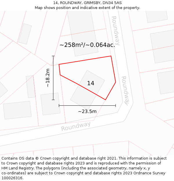 14, ROUNDWAY, GRIMSBY, DN34 5AS: Plot and title map