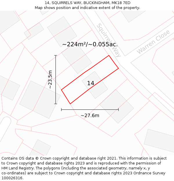 14, SQUIRRELS WAY, BUCKINGHAM, MK18 7ED: Plot and title map