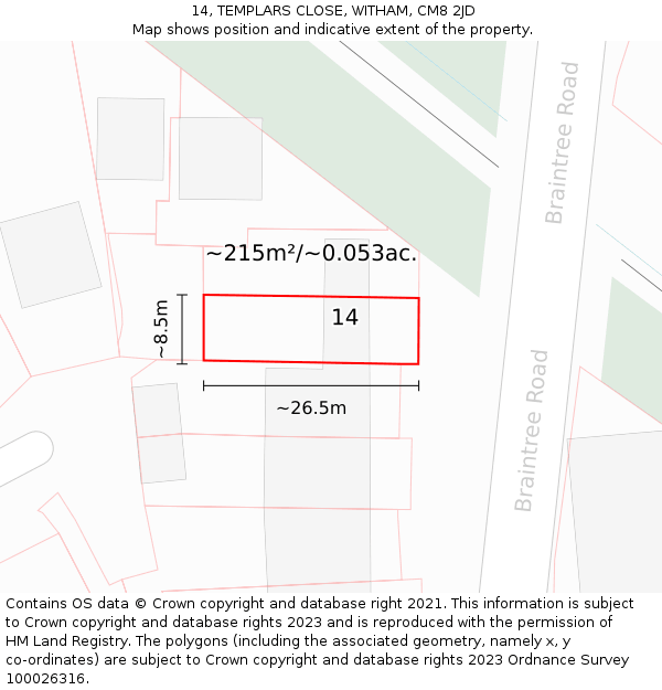 14, TEMPLARS CLOSE, WITHAM, CM8 2JD: Plot and title map