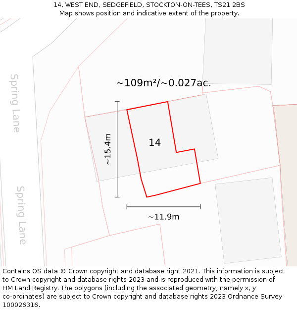 14, WEST END, SEDGEFIELD, STOCKTON-ON-TEES, TS21 2BS: Plot and title map