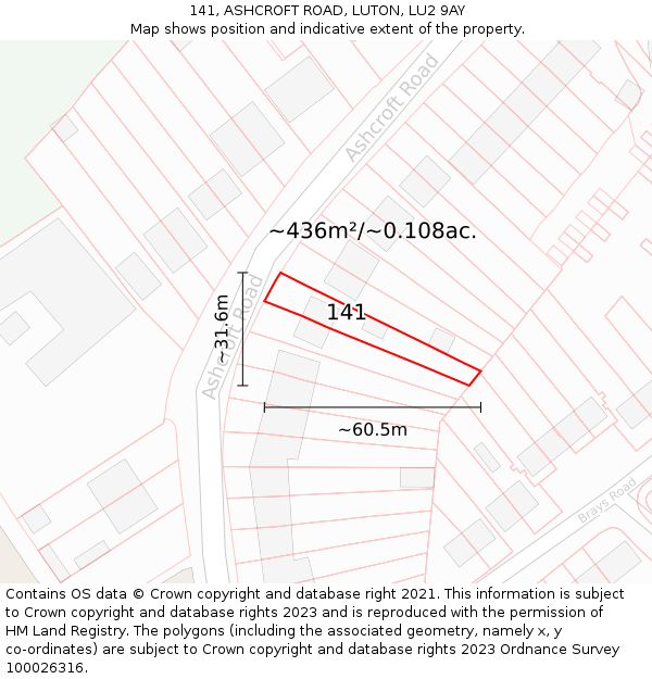 141, ASHCROFT ROAD, LUTON, LU2 9AY: Plot and title map