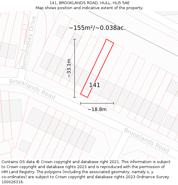 141, BROOKLANDS ROAD, HULL, HU5 5AE: Plot and title map