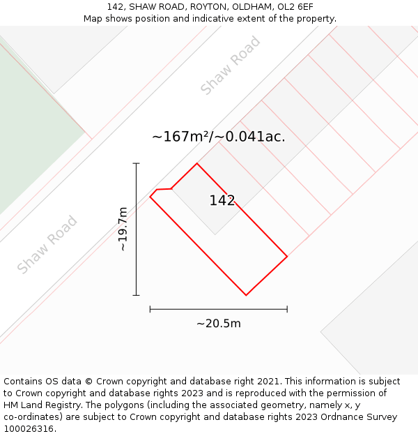 142, SHAW ROAD, ROYTON, OLDHAM, OL2 6EF: Plot and title map