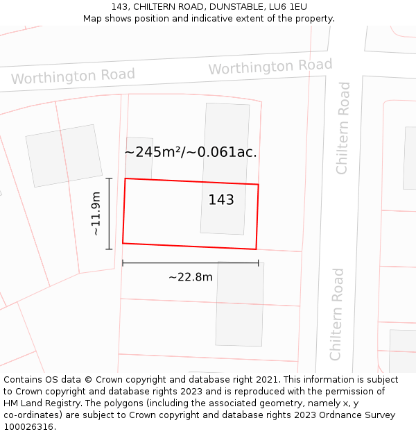 143, CHILTERN ROAD, DUNSTABLE, LU6 1EU: Plot and title map