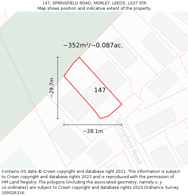 147, SPRINGFIELD ROAD, MORLEY, LEEDS, LS27 9TA: Plot and title map
