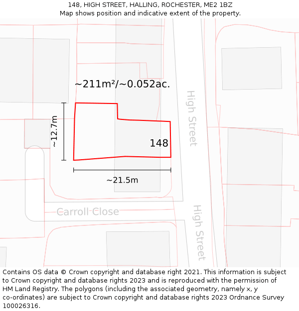 148, HIGH STREET, HALLING, ROCHESTER, ME2 1BZ: Plot and title map