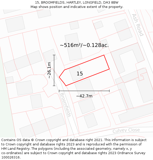 15, BROOMFIELDS, HARTLEY, LONGFIELD, DA3 8BW: Plot and title map