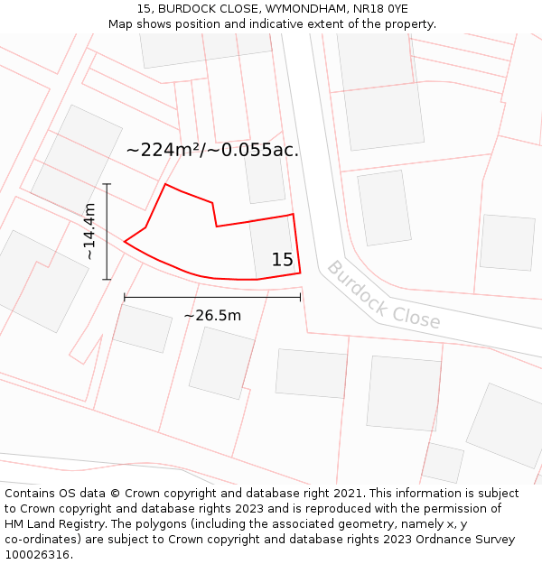 15, BURDOCK CLOSE, WYMONDHAM, NR18 0YE: Plot and title map
