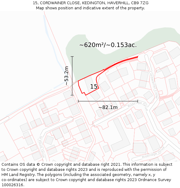15, CORDWAINER CLOSE, KEDINGTON, HAVERHILL, CB9 7ZG: Plot and title map