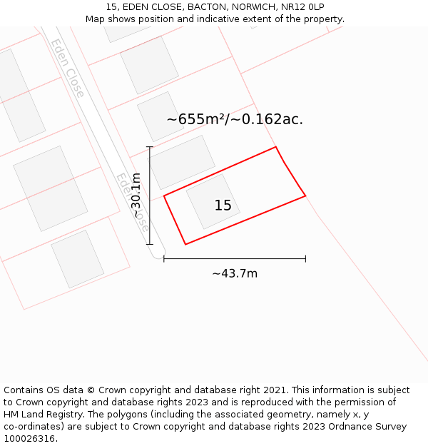 15, EDEN CLOSE, BACTON, NORWICH, NR12 0LP: Plot and title map