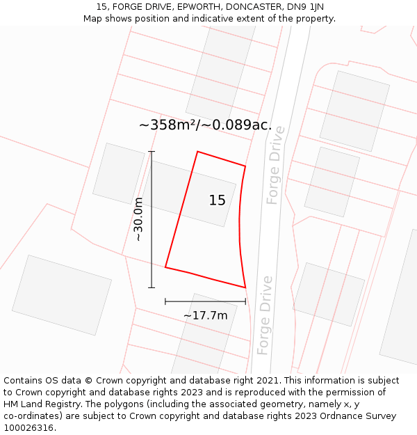 15, FORGE DRIVE, EPWORTH, DONCASTER, DN9 1JN: Plot and title map