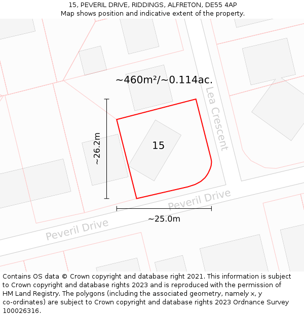 15, PEVERIL DRIVE, RIDDINGS, ALFRETON, DE55 4AP: Plot and title map