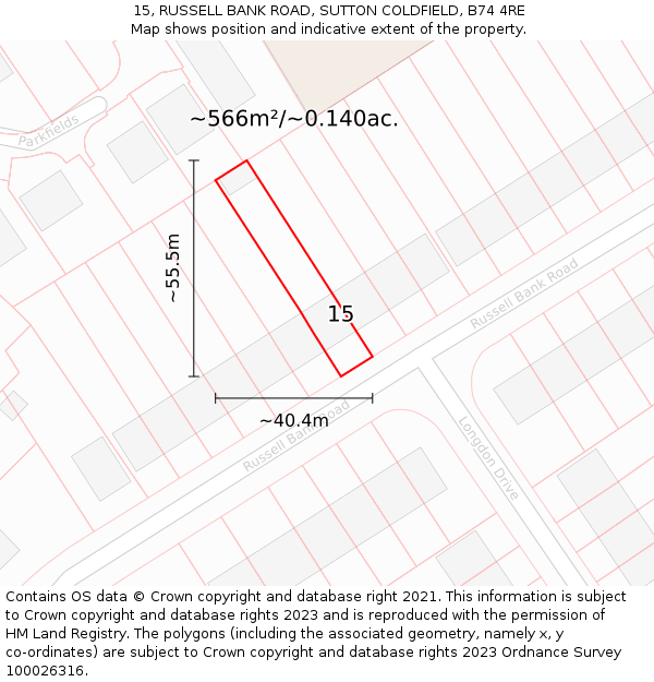15, RUSSELL BANK ROAD, SUTTON COLDFIELD, B74 4RE: Plot and title map