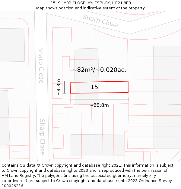15, SHARP CLOSE, AYLESBURY, HP21 8RR: Plot and title map
