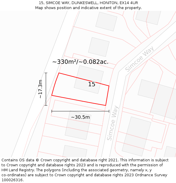 15, SIMCOE WAY, DUNKESWELL, HONITON, EX14 4UR: Plot and title map