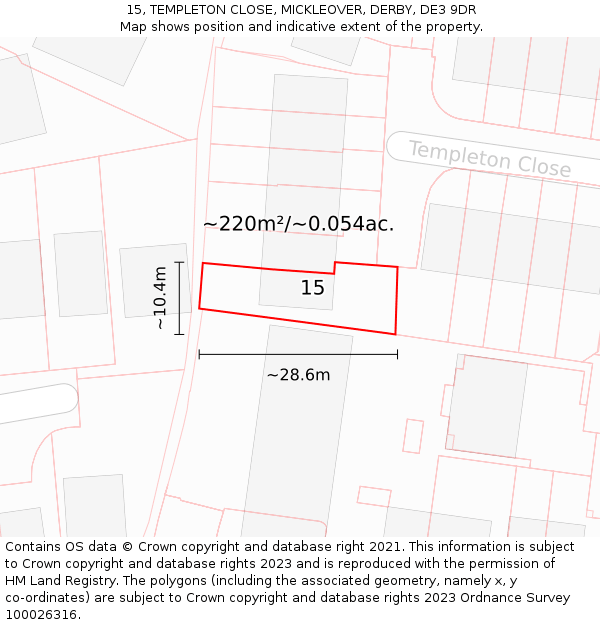 15, TEMPLETON CLOSE, MICKLEOVER, DERBY, DE3 9DR: Plot and title map