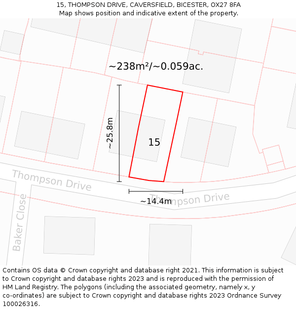 15, THOMPSON DRIVE, CAVERSFIELD, BICESTER, OX27 8FA: Plot and title map