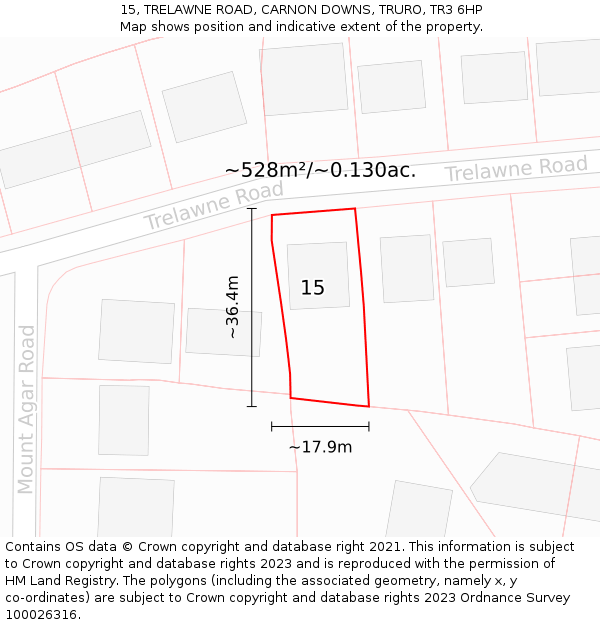 15, TRELAWNE ROAD, CARNON DOWNS, TRURO, TR3 6HP: Plot and title map