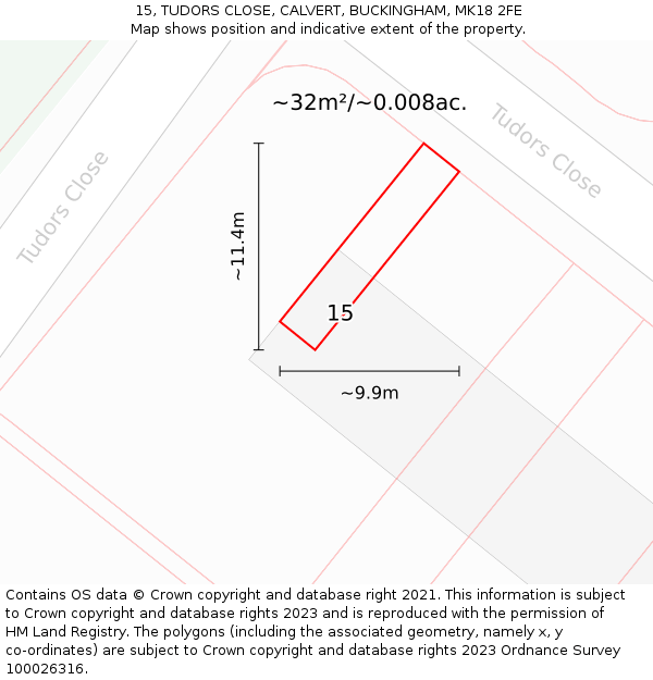 15, TUDORS CLOSE, CALVERT, BUCKINGHAM, MK18 2FE: Plot and title map