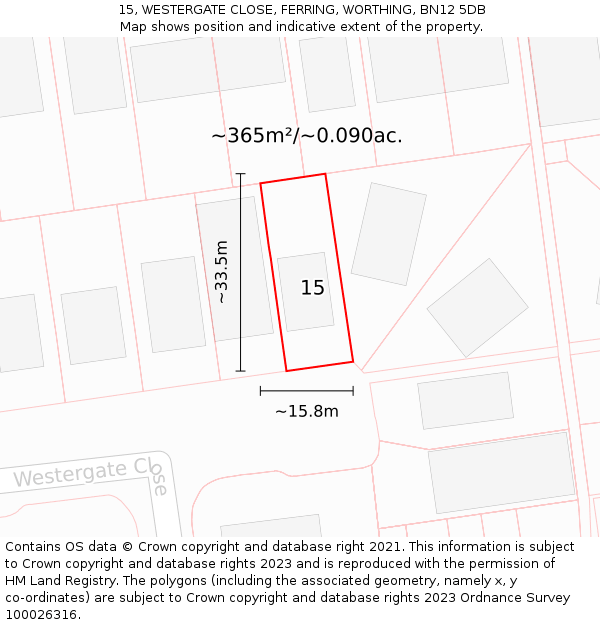 15, WESTERGATE CLOSE, FERRING, WORTHING, BN12 5DB: Plot and title map