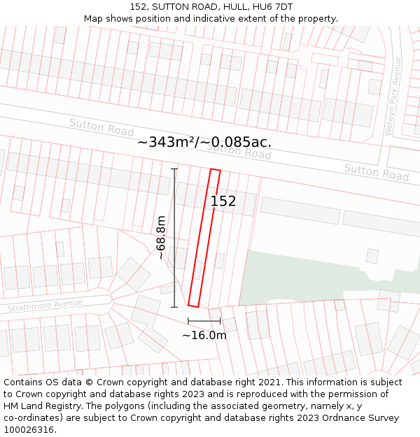 152, SUTTON ROAD, HULL, HU6 7DT: Plot and title map
