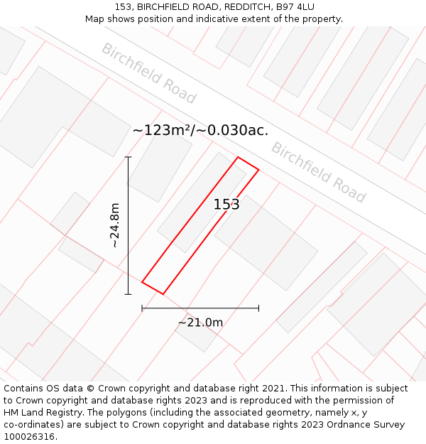 153, BIRCHFIELD ROAD, REDDITCH, B97 4LU: Plot and title map