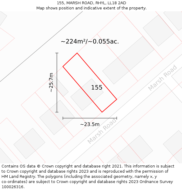 155, MARSH ROAD, RHYL, LL18 2AD: Plot and title map
