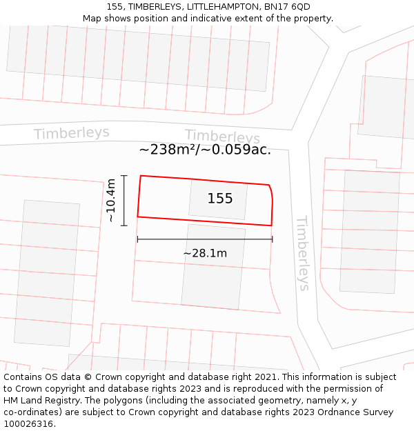 155, TIMBERLEYS, LITTLEHAMPTON, BN17 6QD: Plot and title map