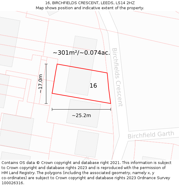 16, BIRCHFIELDS CRESCENT, LEEDS, LS14 2HZ: Plot and title map