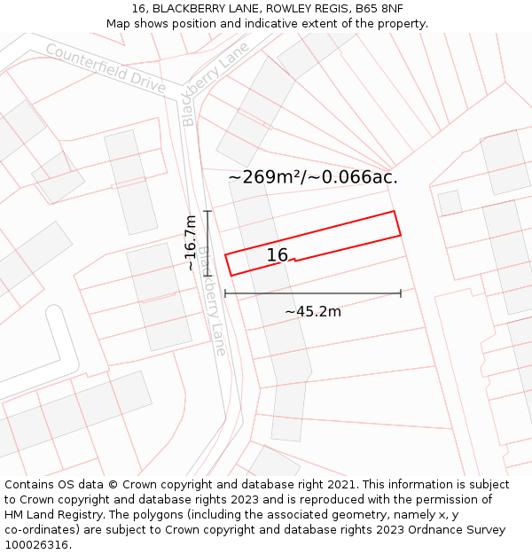 16, BLACKBERRY LANE, ROWLEY REGIS, B65 8NF: Plot and title map