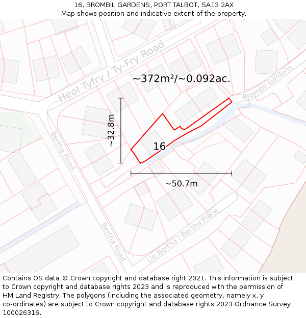16, BROMBIL GARDENS, PORT TALBOT, SA13 2AX: Plot and title map