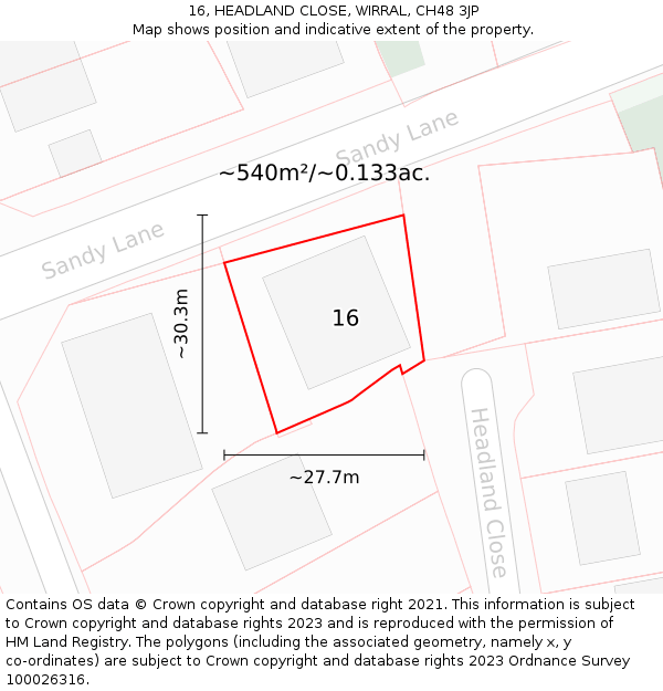 16, HEADLAND CLOSE, WIRRAL, CH48 3JP: Plot and title map