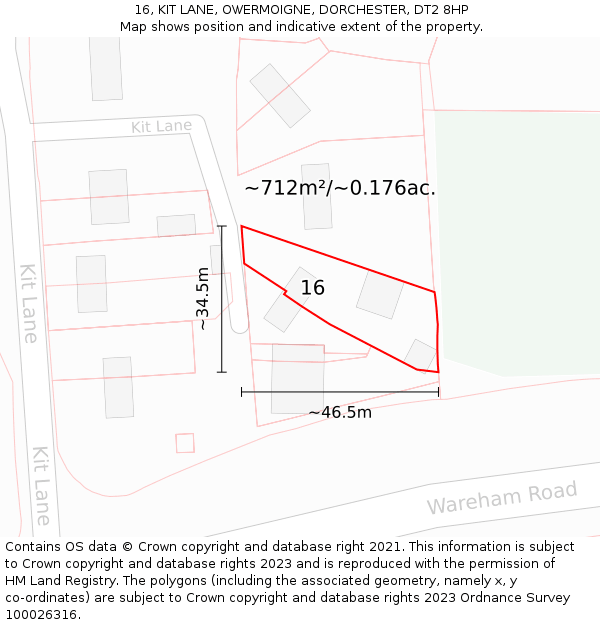 16, KIT LANE, OWERMOIGNE, DORCHESTER, DT2 8HP: Plot and title map
