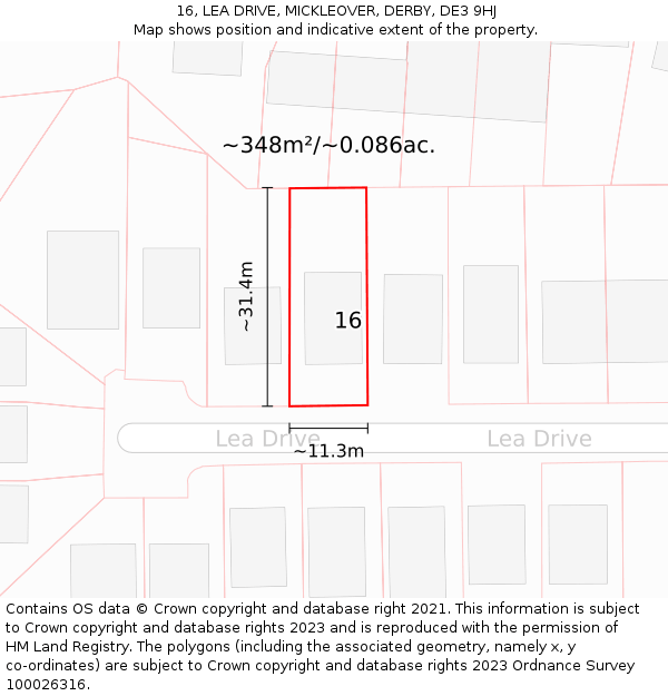 16, LEA DRIVE, MICKLEOVER, DERBY, DE3 9HJ: Plot and title map