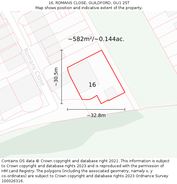 16, ROMANS CLOSE, GUILDFORD, GU1 2ST: Plot and title map