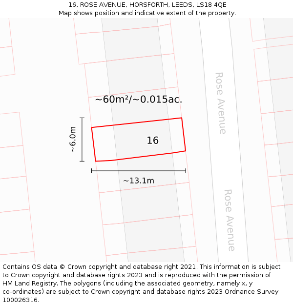 16, ROSE AVENUE, HORSFORTH, LEEDS, LS18 4QE: Plot and title map