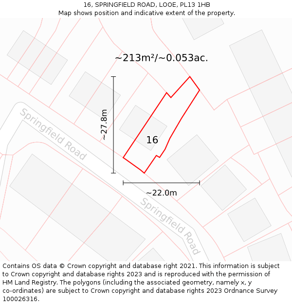 16, SPRINGFIELD ROAD, LOOE, PL13 1HB: Plot and title map