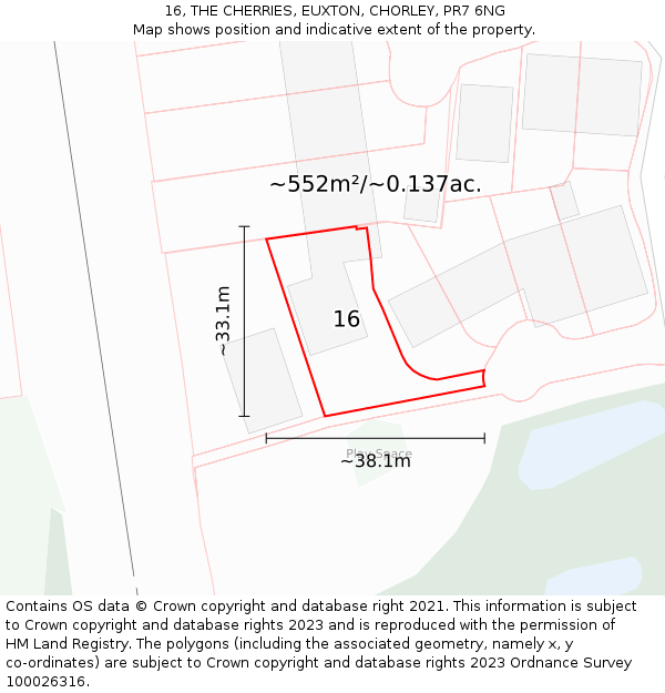 16, THE CHERRIES, EUXTON, CHORLEY, PR7 6NG: Plot and title map