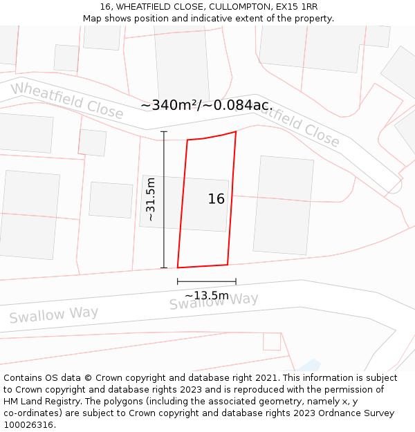16, WHEATFIELD CLOSE, CULLOMPTON, EX15 1RR: Plot and title map