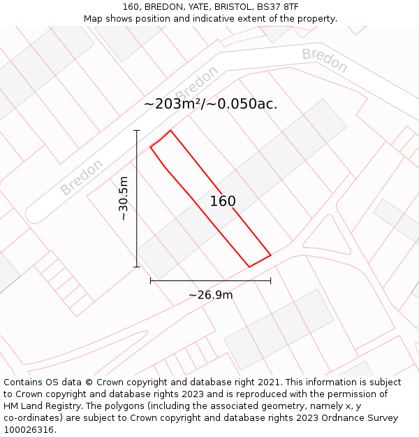 160, BREDON, YATE, BRISTOL, BS37 8TF: Plot and title map