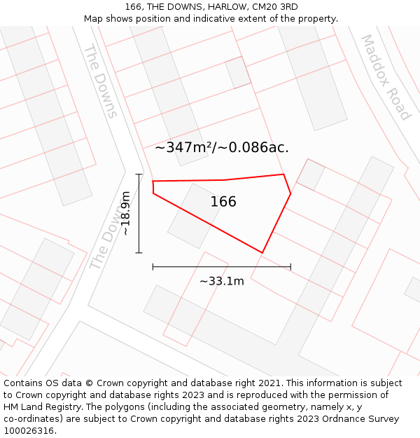 166, THE DOWNS, HARLOW, CM20 3RD: Plot and title map