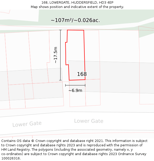168, LOWERGATE, HUDDERSFIELD, HD3 4EP: Plot and title map