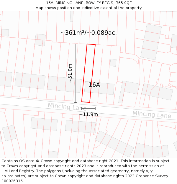 16A, MINCING LANE, ROWLEY REGIS, B65 9QE: Plot and title map