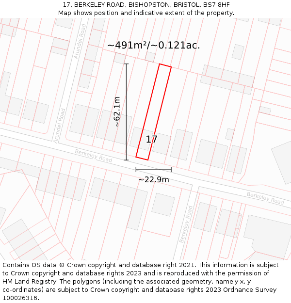 17, BERKELEY ROAD, BISHOPSTON, BRISTOL, BS7 8HF: Plot and title map