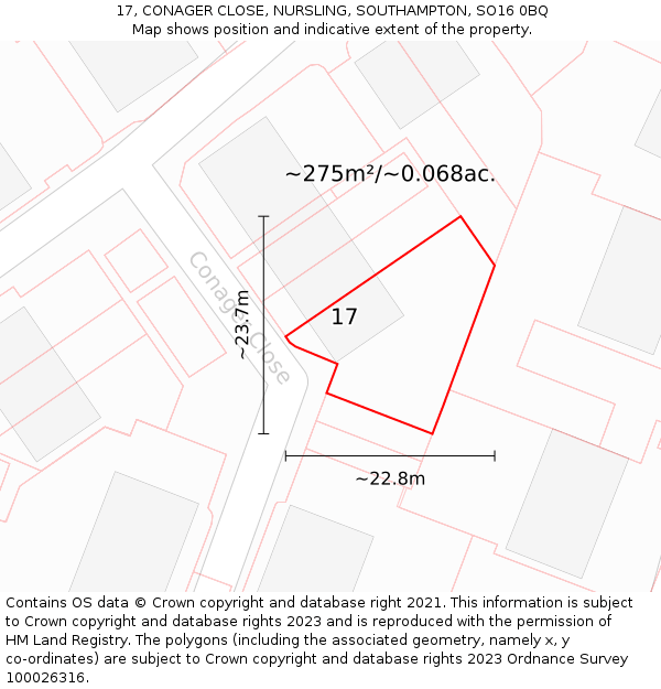 17, CONAGER CLOSE, NURSLING, SOUTHAMPTON, SO16 0BQ: Plot and title map