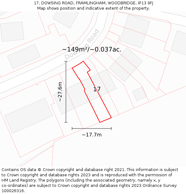 17, DOWSING ROAD, FRAMLINGHAM, WOODBRIDGE, IP13 9FJ: Plot and title map